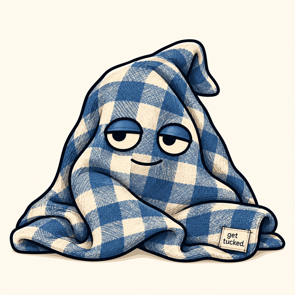 The official Blanket mascot: a sleepy, slightly smug blue-and-cream gingham blanket with a get tucked label.